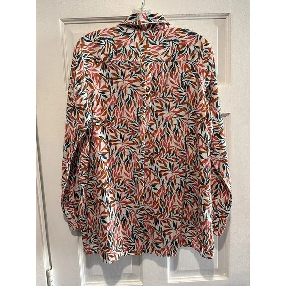 Lands' End Women's M 10-12 Linen A-Line Long Sleeve Tunic Top Ivory Multi Leaves - Picture 5 of 16